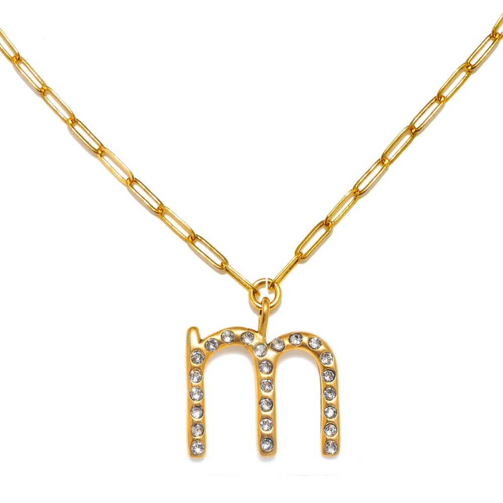 Gold Initial 'M' Necklace with Crystals